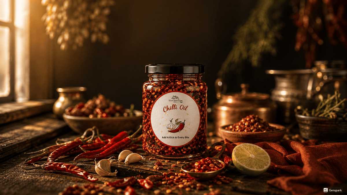 The Organic Core Chilli Oil jar with red chillies, garlic and chilli flakes