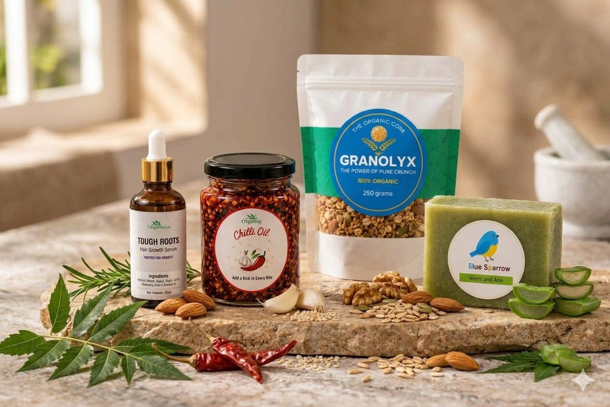 The Organic Core products featuring Tough Roots Hair Growth Serum, Chilli Oil, Granolyx and Blue Sparrow soap